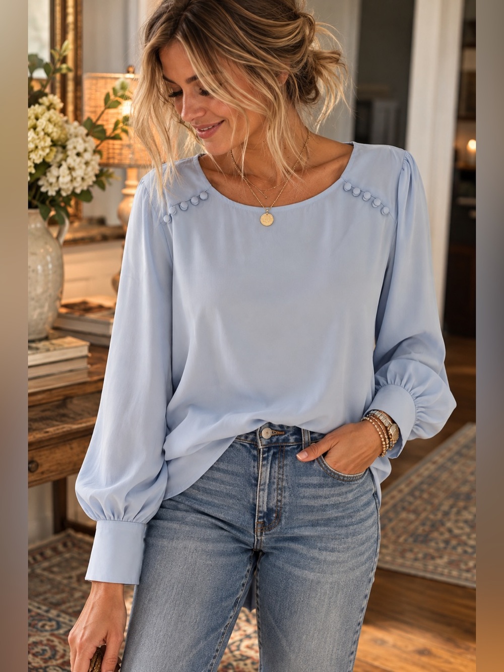 41 Hawthorn Blue Button Detail Blouse Size M Long Sleeve Work Career Top
